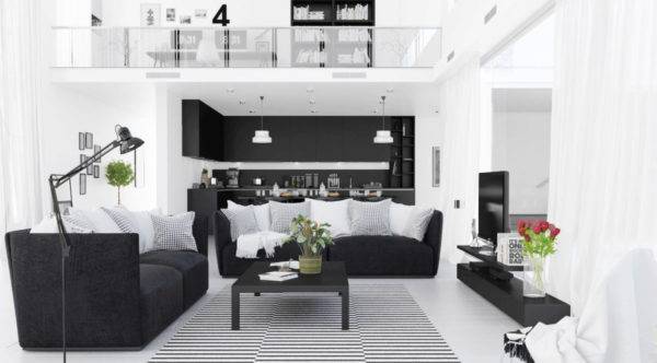 thiet-ke-van-phong-lam-viec-hien-dai-modern-black-white-living-room-red-accent-floor-lamp-black-couches-coffee-table-frames-open-upstairs-area-tv-roses-e1511312603799